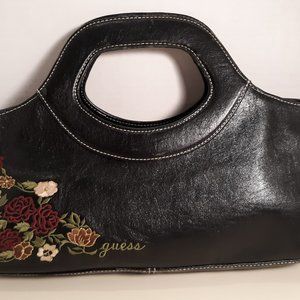 Black Faux Leather Embroidered Guess Handbag